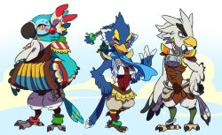 Rule 34 | 3boys, accordion, animal feet, anklet, arm at side, armor, beak, bird boy, bird legs, bird tail, black fur, blue background, blue fur, blue hair, blue scarf, blush stickers, body fur, braid, breastplate, claws, closed mouth, feather hair ornament, feathers, full body, furry, furry male, gradient background, green eyes, hair ornament, hair tie, hand on own hip, hand up, hands up, happy, holding, holding instrument, instrument, jewelry, kass, leg warmers, looking at viewer, looking to the side, male focus, multiple boys, nintendo, open mouth, orange eyes, profile, quad tails, red feathers, revali, rito, scarf, scroll, short hair, shoulder pads, smile, split mouth, standing, tail, teba (zelda), the legend of zelda, the legend of zelda: breath of the wild, two-tone fur, ukata, white fur, white hair, winged arms, wings, yellow eyes