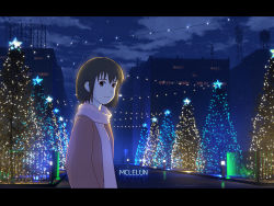 Rule 34 | 1girl, artist name, backlighting, brown eyes, brown hair, building, christmas, christmas lights, christmas tree, city, coat, dark, fence, letterboxed, long sleeves, looking at viewer, mclelun, night, night sky, outdoors, radio antenna, road, scarf, short hair, sky, smile, solo, star (symbol), street, upper body, vanishing point, winter clothes