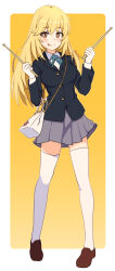 1girl :p bag black_jacket blazer blonde_hair border brown_eyes commentary_request drumsticks full_body gloves grey_skirt handbag holding holding_drumsticks jacket loafers long_hair looking_at_viewer no_print pleated_skirt raika9 shoes shokuhou_misaki skirt solo sparkling_eyes star_(symbol) star_print thighhighs toaru_kagaku_no_railgun toaru_majutsu_no_index tongue tongue_out twitter_username white_border white_gloves white_thighhighs yellow_background zettai_ryouiki