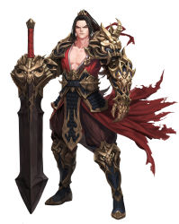 Rule 34 | 1boy, absurdres, armor, armored boots, black hair, boots, brown eyes, brown pants, closed mouth, daeho cha, faulds, full body, gauntlets, gold trim, hand on weapon, highres, japanese clothes, kimono, knee boots, long hair, looking at viewer, male focus, original, pants, pectoral cleavage, pectorals, planted, planted sword, planted weapon, ponytail, red kimono, shoulder armor, solo, standing, sword, torn clothes, weapon