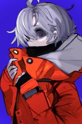 Rule 34 | 052 (saniiiwan), 1boy, black scarf, black shirt, blue background, commentary, covered mouth, dated commentary, grey eyes, hair over one eye, highres, hood, hood down, hooded jacket, jacket, looking at viewer, looking to the side, male focus, original, red jacket, scarf, shirt, short hair, sideways glance, simple background, sleeves past wrists, solo, upper body, white hair