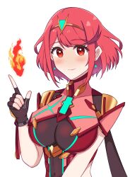 Rule 34 | 1girl, absurdres, black gloves, black leotard, breasts, closed mouth, commentary request, earrings, fingerless gloves, fire, gloves, hand up, headpiece, highres, index finger raised, jewelry, large breasts, leotard, looking at viewer, pyra (xenoblade), pyrokinesis, reason3 s, red eyes, red hair, simple background, smile, solo, upper body, white background, xenoblade chronicles (series), xenoblade chronicles 2