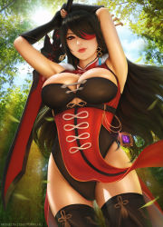 Rule 34 | 1girl, armpits, arms up, beidou (genshin impact), breasts, chinese clothes, cleavage cutout, clothing cutout, colored eyepatch, cowboy shot, eyepatch, facing viewer, forest, genshin impact, gloves, hair over one eye, highres, leotard, lips, long hair, looking at viewer, mitsudomoe (shape), multicolored hair, nature, outdoors, solo, standing, sword, thighhighs, tomoe (symbol), weapon, yupachu