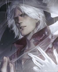 Rule 34 | 1boy, absurdres, aged up, beard, bishounen, blue eyes, coat, dante (devil may cry), devil may cry (series), devil may cry 5, facial hair, highres, holding, long hair, male focus, mature male, qvlv kuzi feichuan, solo, white hair