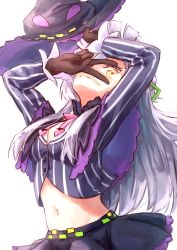 Rule 34 | 1girl, absurdres, brown gloves, buttons, gloves, groin, hat, highres, holding, holding clothes, holding hat, hololive, light purple hair, long hair, long sleeves, looking at viewer, looking up, midriff, murasaki shion, murasaki shion (1st costume), navel, orange eyes, pinstripe pattern, pinstripe shirt, shirt, skirt, solo, striped clothes, striped shirt, unworn hat, unworn headwear, v, vertical-striped clothes, vertical-striped shirt, virtual youtuber, white background, witch hat, yu hydra