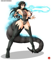 Rule 34 | 1girl, black hair, boots, breasts, cosplay, dinosaur, energy, genderswap, genderswap (mtf), glowing, godzilla, godzilla (series), high heel boots, high heels, humanization, kaijuu, large breasts, monster, monster girl, personification, puffy nipples, pussy, red eyes, revealing clothes, sagging breasts, see-through, slingshot swimsuit, swimsuit, tail, thigh boots, thighhighs, toho, witchking00