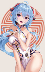 Rule 34 | 1girl, absurdres, ahoge, bare arms, bare shoulders, blue hair, blush, breasts, china dress, chinese clothes, clothing cutout, collarbone, cowboy shot, crossed bangs, cup, dress, ganyu (genshin impact), genshin impact, highres, large breasts, long hair, looking at viewer, navel, navel cutout, open mouth, purple eyes, raurashun, side slit, sleeveless, smile, solo, thighs