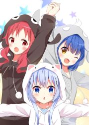Rule 34 | 3girls, :o, ;d, absurdres, animal hood, arm up, blue eyes, blue hair, blush, chestnut mouth, commentary request, fang, gochuumon wa usagi desu ka?, hair ornament, highres, holding hands, hood, jouga maya, kafuu chino, kousaka nobaku, looking at viewer, multiple girls, natsu megumi, one eye closed, open mouth, outstretched arms, pajamas, pom pom (clothes), rabbit hood, red eyes, red hair, smile, star (symbol), starry background, x hair ornament, yellow eyes
