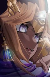 Rule 34 | 1boy, atem, blonde hair, bright pupils, cbow, commentary request, dark-skinned male, dark skin, earrings, egyptian, face, holding, jewelry, male focus, millennium puzzle, multicolored hair, open mouth, purple eyes, smile, solo, teeth, tongue, yu-gi-oh!, yu-gi-oh! duel monsters
