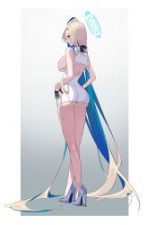 Rule 34 | 1girl, ass, asuna (blue archive), backboob, backless outfit, bare legs, black hair, blonde hair, blue archive, breasts, conconcon1031, halo, high heels, highres, large breasts, long hair, skin tight, sleeveless, solo, very long hair, white headwear