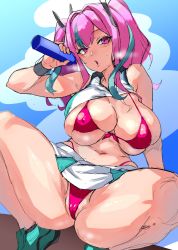 Rule 34 | 1girl, :o, azur lane, bare shoulders, bikini, blue sky, blush, bottle, breasts, bremerton (azur lane), bremerton (scorching-hot training) (azur lane), cleavage, clothes lift, covered erect nipples, crop top, crop top overhang, curvy, day, green footwear, hair between eyes, headgear, highres, holding, holding bottle, large breasts, long hair, looking at viewer, midriff, multicolored hair, navel, open mouth, pink eyes, pink hair, pokkora, red bikini, shirt, shirt lift, sky, sleeveless, sleeveless shirt, sportswear, spread legs, squatting, stomach, streaked hair, swimsuit, tennis uniform, thick thighs, thighs, two-tone shirt, two-tone skirt, two side up, underboob, water bottle