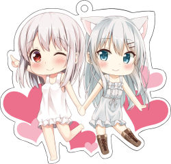Rule 34 | 2girls, ;), arm up, bad id, bad pixiv id, barefoot, blue eyes, blush, boots, brown footwear, c:, cacao (cacao0809), chibi, chocola (cacao), closed mouth, collaboration, dress, frilled dress, frills, hair ornament, hairclip, holding hands, karutamo, knee boots, looking at viewer, multiple girls, one eye closed, original, pointing, pointing up, red eyes, sidelocks, silver hair, smile, sundress, tareme, tisshu (karutamo), white dress