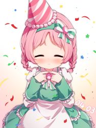 Rule 34 | 1girl, ^ ^, apron, blush, bow, braid, brown background, closed eyes, closed mouth, collared shirt, dated, dress, facing viewer, fingers together, frilled dress, frilled shirt collar, frills, gradient background, green dress, green hairband, hair bow, hairband, hat, highres, juliet sleeves, long sleeves, mimi (princess connect!), mimi (real) (princess connect!), parted bangs, party hat, pink hair, pleated dress, princess connect!, puffy sleeves, setmen, shirt, sleeveless, sleeveless dress, smile, solo, streamers, striped, striped bow, twin braids, waist apron, white apron, white background, white shirt