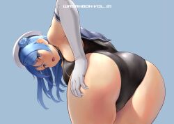 Rule 34 | 1girl, alternate costume, ass, bent over, beret, black one-piece swimsuit, blue eyes, blue hair, blue sailor collar, breasts, competition swimsuit, double bun, elbow gloves, from behind, frown, gloves, hair between eyes, hair bun, hand on own ass, hat, highleg, highleg swimsuit, highres, kantai collection, large breasts, looking at viewer, looking back, neckerchief, one-piece swimsuit, open mouth, sailor collar, simple background, solo, standing, swimsuit, urakaze (kancolle), wa (genryusui), white gloves, white hat, yellow neckerchief
