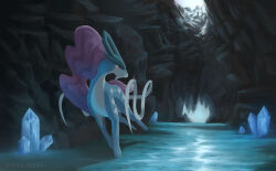 blue_skin cave cave_interior closed_mouth colored_skin creatures_(company) crystal game_freak gen_2_pokemon legendary_pokemon long_hair looking_to_the_side multicolored_skin nintendo no_humans pokemon pokemon_(creature) purple_hair red_eyes ribbon running shemiid solo suicune two-tone_skin very_long_hair water white_skin