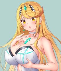 Rule 34 | 1girl, blonde hair, blush, breast hold, breasts, cleavage, competition swimsuit, earrings, gem, grabbing, grabbing another&#039;s breast, grabbing own breast, green background, hair ornament, headpiece, highres, jewelry, large breasts, long hair, looking at viewer, mythra (radiant beach) (xenoblade), mythra (xenoblade), nemunemu semi, nintendo, one-piece swimsuit, open mouth, shiny skin, simple background, solo, swept bangs, swimsuit, tiara, translation request, very long hair, xenoblade chronicles (series), xenoblade chronicles 2, yellow eyes