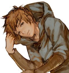 Rule 34 | 10s, 1boy, bent over, bright pupils, brown eyes, brown hair, fighter (granblue fantasy), gran (granblue fantasy), granblue fantasy, hood, hoodie, looking at viewer, male focus, sarry23, short hair, simple background, sketch, smile, solo, vambraces, white background