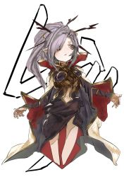 Rule 34 | 10s, 1girl, :o, bad id, bad twitter id, bridal gauntlets, cape, clothing cutout, cropped legs, dress, granblue fantasy, hair ornament, hair over one eye, hair stick, harvin, highres, long hair, long sleeves, navel, navel cutout, niyon (granblue fantasy), open mouth, pointy ears, ponytail, purple eyes, purple hair, purupuru, simple background, solo, white background