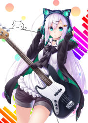 Rule 34 | 1girl, :o, animal ear headphones, animal ears, axent wear, bass guitar, black ribbon, black shorts, blush, breasts, cat ear headphones, chabaneko, chestnut mouth, collarbone, cowboy shot, eyes visible through hair, fake animal ears, female focus, fender (company), fender jazz bass, green eyes, hair between eyes, hair ornament, hairclip, hands on headphones, hands up, headphones, hood, hood down, instrument, left-handed, long hair, long sleeves, looking at viewer, neck ribbon, original, parted lips, ribbon, shifiru (chabaneko), short shorts, shorts, sleeves past wrists, small breasts, solo, very long hair, white background, white hair, wide hips