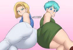 Rule 34 | 2girls, android 18, aqua hair, ass, ass-to-ass, ass press, bare shoulders, blonde hair, blue eyes, breasts, bulma, cameltoe, denim, dragonball z, dress, earrings, flytrapxx, from behind, highres, jeans, jewelry, lying, multiple girls, on side, pants, pink background, short hair, sideboob, smile, tight clothes, tight pants