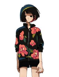 Rule 34 | 1girl, black eyes, black hair, black shorts, closed mouth, colored inner hair, fingernails, floral print, highres, jacket, ka (marukogedago), looking to the side, multicolored hair, original, shorts, simple background, solo, standing, white background