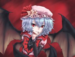 Rule 34 | 1girl, arm behind back, arm up, bat wings, black nails, blue hair, bridal gauntlets, colored eyelashes, dress, eyelashes, fang, fang out, fingernails, flower, hair between eyes, hand on own face, hat, hat flower, hat ribbon, koumajou densetsu, light smile, looking at viewer, mob cap, multiple wings, nail polish, nepples, pink dress, puffy short sleeves, puffy sleeves, red background, red eyes, remilia scarlet, ribbon, sash, sharp fingernails, short hair, short sleeves, simple background, slit pupils, solo, touhou, upper body, wings
