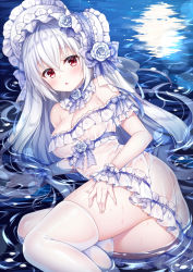 Rule 34 | 1girl, :o, arm support, bare shoulders, blue ribbon, blush, bonnet, bow, bowtie, breasts, commentary request, detached collar, dress, fingernails, flower, frilled bow, frilled dress, frills, full moon, hair between eyes, hair flower, hair ornament, hand on own thigh, large breasts, lolita fashion, long hair, looking at viewer, lying, mitsuba choco, moon, night, off-shoulder dress, off shoulder, on side, original, outdoors, purple bow, purple bowtie, red eyes, reflection, ribbon, rose, see-through, shiny skin, short dress, sidelocks, solo, thighhighs, thighs, twisted torso, water, wet, wet clothes, wet dress, white bow, white dress, white flower, white hair, white rose, white thighhighs