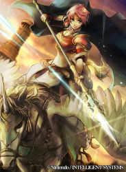 Rule 34 | 1girl, arm guards, armor, blue eyes, breastplate, cape, company connection, copyright name, elbow gloves, fingerless gloves, fire emblem, fire emblem: path of radiance, fire emblem cipher, gloves, holding, holding weapon, horns, horseback riding, image sample, intelligent systems, jewelry, marcia (fire emblem), nintendo, pauldrons, pegasus, pegasus knight uniform (fire emblem), pink hair, pixiv sample, polearm, riding, serious, short hair, shoulder armor, single horn, solo, spear, sunset, tiara, wadadot lv, weapon, wings