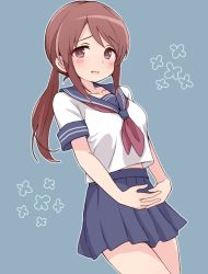 Rule 34 | 1girl, :d, blue background, blue sailor collar, blue skirt, blush, breasts, brown eyes, brown hair, character request, collarbone, idolmaster, interlocked fingers, long hair, low ponytail, neckerchief, open mouth, own hands together, pleated skirt, ponytail, red neckerchief, sailor collar, school uniform, serafuku, shirt, short sleeves, sidelocks, simple background, skirt, small breasts, smile, solo, tadanoshi kabane, white shirt