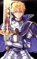 Rule 34 | 1boy, ahoge, armor, arthur pendragon (fate), black background, blonde hair, blue cape, breastplate, cape, closed mouth, excalibur (fate/prototype), fate/prototype, fate (series), faulds, gauntlets, glint, gold trim, green eyes, hair between eyes, highres, holding, holding sword, holding weapon, long sleeves, looking at viewer, male focus, pauldrons, shoulder armor, simple background, smile, solo, standing, sword, two-handed, untue, v-shaped eyebrows, weapon