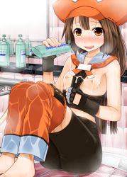 Rule 34 | 1girl, bare shoulders, barefoot, between breasts, bike shorts, blush, bottle, breasts, breasts out, brown hair, clothes between breasts, clothes pull, detached collar, fingerless gloves, gloves, guilty gear, guilty gear xrd, hat, legs together, long hair, lotion, lotion bottle, may (guilty gear), nipples, orange eyes, orange hat, pants, pants pull, parted lips, pirate hat, poncocchan, sailor collar, sitting, small breasts, smile, solo, suggestive fluid, wet