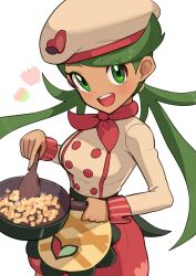 Rule 34 | 1girl, :d, absurdres, apron, breasts, buttons, commentary request, creatures (company), double-breasted, eyelashes, game freak, gonzarez, green eyes, green hair, happy, hat, highres, holding, holding pan, holding spatula, long hair, long sleeves, looking at viewer, mallow (palentine&#039;s 2023) (pokemon), mallow (pokemon), medium breasts, nintendo, official alternate costume, open mouth, pokemon, pokemon masters ex, shirt, skirt, smile, spatula, swept bangs, teeth, tongue, twintails, upper teeth only, waist apron, white background, yellow apron