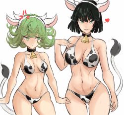 Rule 34 | 2021, 2girls, anger vein, angry, animal ears, animal print, bell, bikini, black hair, breast envy, breasts, chinese zodiac, cleavage, collar, commentary, cow ears, cow horns, cow print, cow print bikini, cow tail, cowbell, curly hair, english commentary, fake animal ears, fake horns, female focus, flipped hair, fubuki (one-punch man), gluteal fold, green eyes, green hair, hairband, heart, height difference, highres, horns, large breasts, looking at another, looking at viewer, matching hair/eyes, midriff, multiple girls, navel, neck bell, new year, one-punch man, print bikini, rakeemspoon, short hair, siblings, sisters, small breasts, spaghetti strap, spoken heart, standing, stomach, swimsuit, tail, tatsumaki, toned, year of the ox