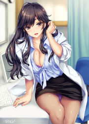 Rule 34 | 1girl, :d, amagi ryou, arm support, black hair, black skirt, blue shirt, blurry, blurry background, blush, boku to joi no shinsatsu nisshi, boku to kanojo (joi) no shinsatsu nisshi, bra, bra peek, breasts, brown hair, cleavage, coat, collarbone, commentary request, curtains, doctor, feet out of frame, hair between eyes, hand in own hair, hand up, highres, indoors, keyboard (computer), long hair, looking at viewer, miniskirt, mole, mole on breast, monety, monitor, nail polish, open clothes, open coat, open mouth, panties, pantyhose, pantyshot, pencil skirt, pink nails, pocket, purple bra, purple panties, shadow, shirt, short sleeves, sitting, skirt, smile, solo, swivel chair, thighs, underwear, white coat, wing collar
