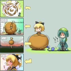 Rule 34 | &gt; &lt;, 3girls, 4koma, [], air pump, balloon, bicycle pump, blonde hair, blush, blush stickers, bow, bucket, chibi, closed eyes, comic, dig dug, explosion, face, female focus, floating, green hair, hair bow, hat, highres, hose, in bucket, in container, inflation, kawashiro nitori, kisume, kurodani yamame, mountain, multiple girls, orgasm, pump, rolling, touhou, translated, two side up, uncommon stimulation, | |