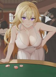 Rule 34 | 1girl, 2others, ahoge, blonde hair, breasts, cleavage, collarbone, dress, hand on own hip, highres, large breasts, long hair, looking at viewer, multiple others, people, poker chip, poker table, purple eyes, rwby, smile, solo focus, table, very long hair, wangxiii, white dress, yang xiao long