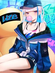 Rule 34 | 1girl, bare shoulders, baseball cap, black choker, black shorts, black tank top, blowing bubbles, blue hair, blue hat, blue jacket, blunt bangs, character name, choker, colored inner hair, commentary request, earrings, graffiti, hat, highres, jacket, jewelry, lize helesta, lize helesta (10th costume), lize helesta (8th costume), long hair, looking at viewer, multicolored hair, nijisanji, off shoulder, partially unzipped, purple eyes, sebastian piyodore, shorts, sitting, solo, tank top, toro (6636), two-tone hair, two side up, very long hair, virtual youtuber, wall, white hair, white tank top, zipper, zipper pull tab