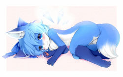 Rule 34 | 1girl, animal, animal ears, animal hands, ass, barefoot, blue bow, blue eyes, blue hair, blush, border, bow, cirno, closed mouth, feet, fox, fox ears, fox tail, framed, furrification, furry, furry female, hair bow, kagerofu, looking at viewer, lying, matching hair/eyes, nude, outside border, shadow, short hair, sidelocks, smile, solo, tail, toes, touhou, wallpaper, white border, wings
