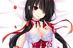 Rule 34 | 10s, 1girl, bare shoulders, black hair, breasts, cleavage, date a live, gothic lolita, hair ribbon, heterochromia, large breasts, licking, long hair, looking at viewer, lying, no bra, on back, pillow, red eyes, ribbon, saliva, smile, solo, tokisaki kurumi, tongue, tongue out, twintails, upper body, yellow eyes