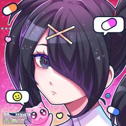 Rule 34 | 1girl, ame-chan (needy girl overdose), black eyes, black hair, cat, closed mouth, commentary, emoji, hair ornament, hair over one eye, heart, highres, long hair, looking at viewer, needy girl overdose, outline, pien cat (needy girl overdose), pill, pleading face emoji, portrait, sign, signature, solo, speech bubble, symbol-only commentary, twintails, warning sign, x hair ornament, xenvita