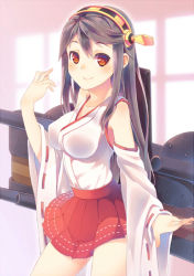 Rule 34 | 10s, 1girl, bare shoulders, black hair, black thighhighs, blush, breasts, cannon, detached sleeves, hairband, haruna (kancolle), japanese clothes, kantai collection, long hair, miko, personification, red eyes, ribbon-trimmed sleeves, ribbon trim, skirt, smile, solo, ten., thighhighs, turret