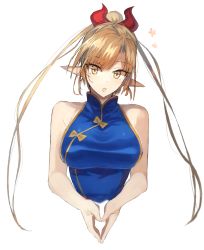 Rule 34 | 1girl, :o, alternate costume, bad id, bad pixiv id, bare arms, bare shoulders, belphe gor bacchus, blonde hair, blue dress, bow, breasts, china dress, chinese clothes, commentary request, cropped torso, dress, fang, hair ornament, head tilt, large breasts, long hair, looking at viewer, open mouth, original, own hands together, pointy ears, ponytail, simple background, sleeveless, sleeveless dress, solo, split ponytail, suminagashi, upper body, white background, yellow bow, yellow eyes
