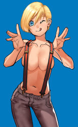 Rule 34 | 1girl, ;q, asymmetrical hair, blonde hair, blue background, blue eyes, breasts, cessa, cleavage, collarbone, commentary, contrapposto, denim, english commentary, grey pants, highres, jeans, looking at viewer, medium breasts, naughty face, navel, no bra, one eye closed, original, pants, pulling own clothes, short hair, solo, suspenders, suspenders pull, tongue, tongue out, topless