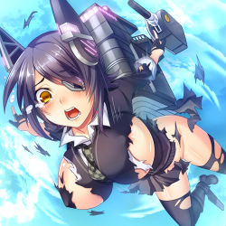 Rule 34 | 10s, 1girl, blush, breasts, close-up, covered erect nipples, eyepatch, fingerless gloves, gloves, headgear, kantai collection, large breasts, machinery, no panties, open mouth, personification, purple hair, shiny skin, short hair, solo, tears, tenryuu (kancolle), thighhighs, torn clothes, yellow eyes, yukiko013