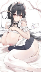 Rule 34 | 1girl, absurdres, antlers, arm cuffs, ass, azur lane, black hair, blush, breasts, breasts out, brown eyes, choker, curvy, feet out of frame, frilled choker, frilled sleeves, frills, hair between eyes, hands on own chest, highres, horns, huge breasts, indomitable (azur lane), indomitable (ms. motivationless maid) (azur lane), long hair, looking at viewer, maid, maid headdress, nipples, open clothes, sakkama, skirt, sleeveless, solo, thick thighs, thighhighs, thighs, white choker, white thighhighs