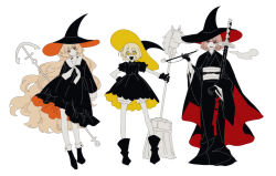 Rule 34 | 3girls, :d, anchor, bbunny, black dress, black gloves, black headwear, black kimono, black mouth, blonde hair, bloomers, blunt bangs, bob cut, bow, bowtie, broom, don quixote (project moon), dress, gloves, hat, holding, holding anchor, holding broom, ishmael (project moon), japanese clothes, kimono, kiseru, limbus company, limited palette, long hair, long sleeves, looking at viewer, multiple girls, obi, obijime, open mouth, orange eyes, orange hair, project moon, puffy long sleeves, puffy short sleeves, puffy sleeves, red eyes, red hair, ryoshu (project moon), sailor collar, sash, short hair, short sleeves, smile, smoking pipe, two-sided fabric, two-sided headwear, underwear, very long hair, white bloomers, white bow, white bowtie, white sailor collar, white sash, wide sleeves, witch hat, yellow eyes