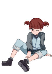 Rule 34 | 10s, 1girl, ankle boots, arm support, blue footwear, blue jacket, blue pants, blue skirt, boots, closed mouth, full body, geregere (lantern), girls und panzer, grey socks, hair tie, invisible chair, jacket, leaning to the side, light frown, long sleeves, looking at viewer, mikko (girls und panzer), military, military uniform, miniskirt, one eye closed, pants, pants rolled up, pants under skirt, pleated skirt, raglan sleeves, red eyes, red hair, short hair, short twintails, simple background, sitting, sketch, skirt, socks, solo, track jacket, track pants, twintails, uniform, white background