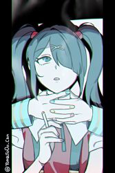 Rule 34 | 1girl, 2girls, ame-chan (needy girl overdose), black hair, black nails, blue nails, chouzetsusaikawa tenshi-chan, chromatic aberration, cigarette, collared shirt, commentary, dual persona, grey eyes, hair ornament, hair over one eye, hands on another&#039;s neck, holding, holding cigarette, long hair, long sleeves, looking up, multicolored nails, multiple girls, nail polish, needy girl overdose, open mouth, out of frame, pink nails, red nails, red shirt, shirt, smoke, smoking, strangling, suspenders, symbol-only commentary, tomato0o can, twintails, twitter username, upper body, x hair ornament, yellow nails