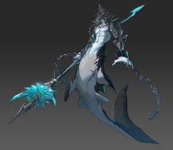 Rule 34 | 1boy, armor, blue skin, chain, colored skin, creature, cuffs, dorsal fin, fins, gradient background, highres, holding, holding weapon, jewelry, necklace, open mouth, original, scar, shackles, spikes, weapon, webbed hands, woomi