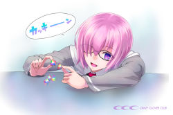 Rule 34 | 1girl, artist name, black dress, commentary request, dress, fate/grand order, fate (series), glasses, hair over one eye, hood, hooded jacket, jacket, leaning forward, leaning on object, looking at hands, mash kyrielight, necktie, playing, purple eyes, purple hair, saint quartz (fate), shirotsumekusa, short hair, smile, solo, speech bubble, table, translated